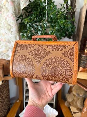 Boho Embossed Tan Wooden Handbag